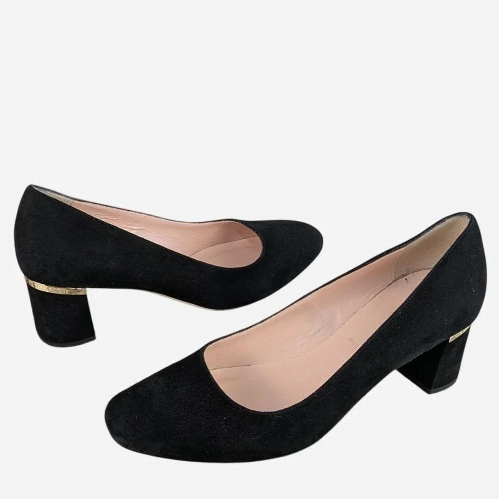 Kate Spade New York Black Suede Block Heel Pump Gold Hardware Size 7.5